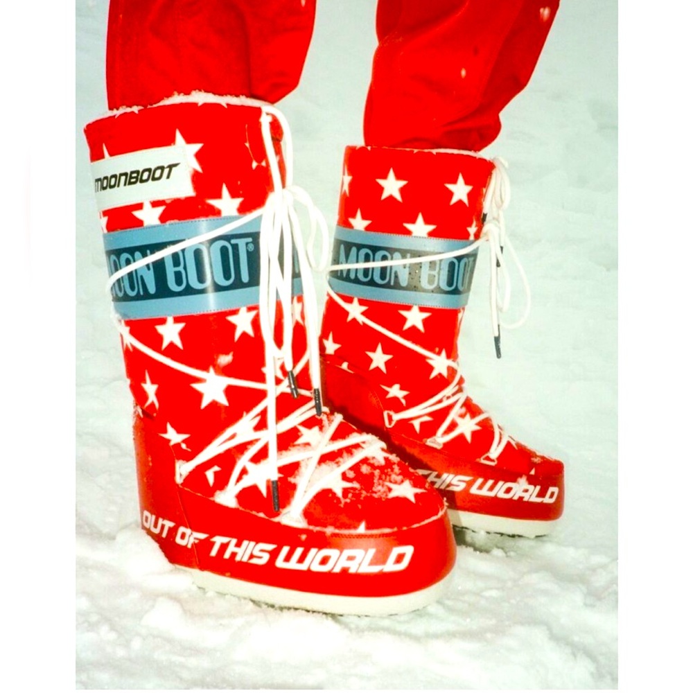 Moon Boots ICON RETROBIKER WHITE STARS-PRINT BOOTS NWOT
